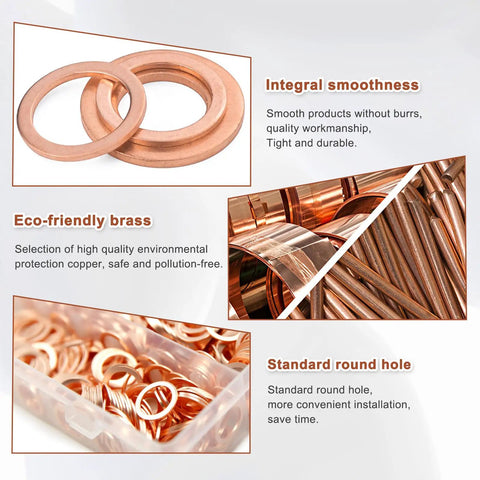200 Pcs Copper Oil Drain Plug Gasket Set With M5 M6 M8 M10 M12 M14 Crush Washers Pro Grade Universal Oil Change Kit Gold
