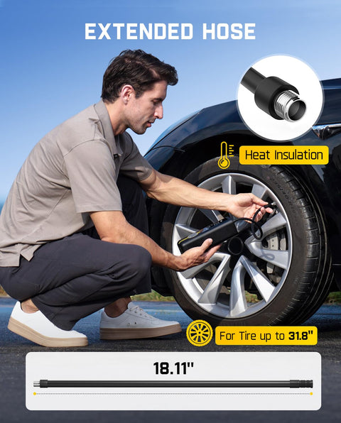 Man using X8 APEX EV Tire Inflator Portable Air Pump with extended hose on electric car tire. Heat insulation shown.