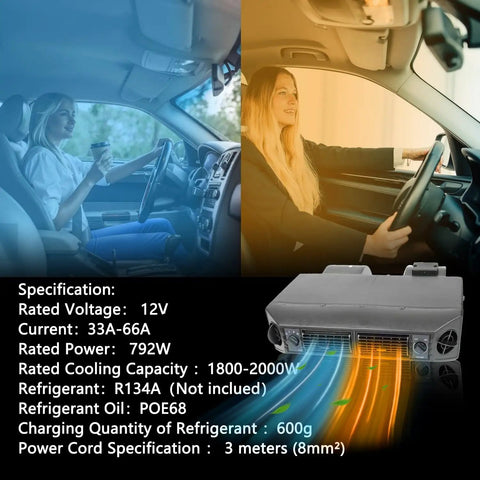 Universal 12V Under Dash Air Conditioner With Snappy Chill And Cozy Heat 10000 BTU showing two women driving with air conditioning unit.