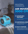 Beastly Drying Power Industrial Strength 3000 CFM Air Mover Blower Fan shown drying carpet with adjustable features and multi-purpose use