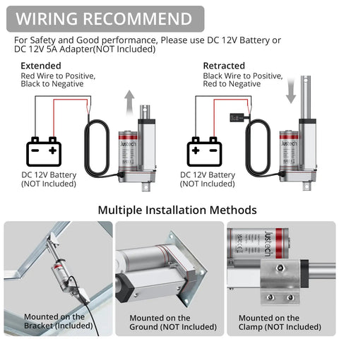 Wiring guide for Heavy Duty 12V DC Electric Linear Actuator, showing connections for extended and retracted positions for DIY projects.