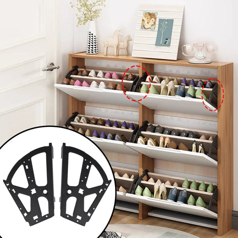 Two Layer Shoe Cabinet Hinges Set Black Steel Flip Plate Frames Replacement Hardware in shoe rack installation view.