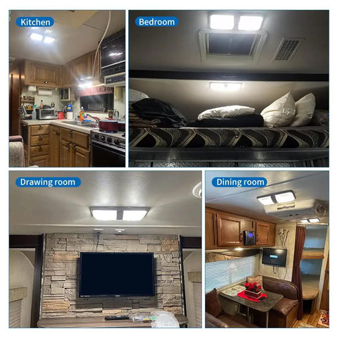 Lit 12V LED RV Ceiling Light Double Dome Fixture 1100 Lumen with On Off Switch in kitchen, bedroom, living room, and dining settings