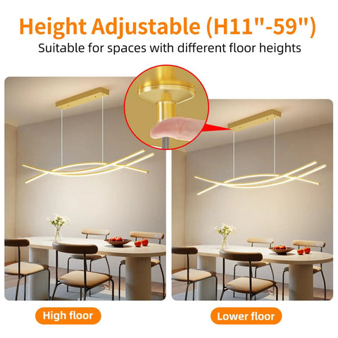 Lit Lightning Shaped LED Chandelier Pendant Light with adjustable height over dining table, aluminum and acrylic diffuser
