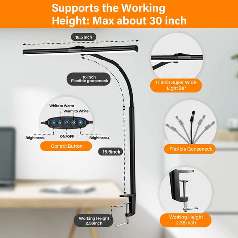 Diagram of Clip On Desk Lamp With Clamp showcasing 16 inch flexible gooseneck and 17 inch light bar.