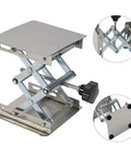 Top Shelf Heavy Duty Stainless Steel Lift Table With Manual Adjustable Height Screws For Precision Milling Machines And Industrial Woodworking Setup Durable Scissor Jack Platform High Load Capacity Professional Grade Equipment with compact base and manual crank