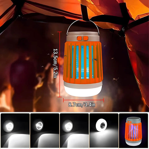 Solar Powered Outdoor Bug Zapper That Is Waterproof Portable And Rechargeable With USB Charging Your Go To Outdoor Gadget With Solar Panel Sensor And LED Night Light Electric Fly Zapper For Home Patio Backyard And Camping showing dimensions and light modes in tent.