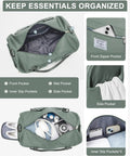 Travel Duffel With Shoes Compartment And Wet Pocket For Women And Men Airport Friendly Carry On Gym Bag Waterproof Spacious Weekend Overnight Tote showing multiple pockets including wet and side pockets with organized essentials.