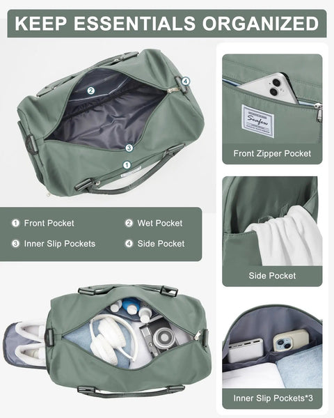 Travel Duffel With Shoes Compartment And Wet Pocket For Women And Men Airport Friendly Carry On Gym Bag Waterproof Spacious Weekend Overnight Tote showing multiple pockets including wet and side pockets with organized essentials.