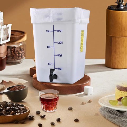 5 Gallon Commercial Cold Brew System For Home Office Or Small Cafe That Lets You Brew Big Batches For A Week Or More Plus No Mess Spigot And Food Grade Materials With A Handy Recipe Guide Included, showing container with measurements and spigot on table.
