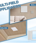 Dead Simple 12 By 10 Inch Drywall Access Panel With Rock Solid Adhesive Tape Clean White ABS Plastic Repair Hatch shown on wall and ceiling.