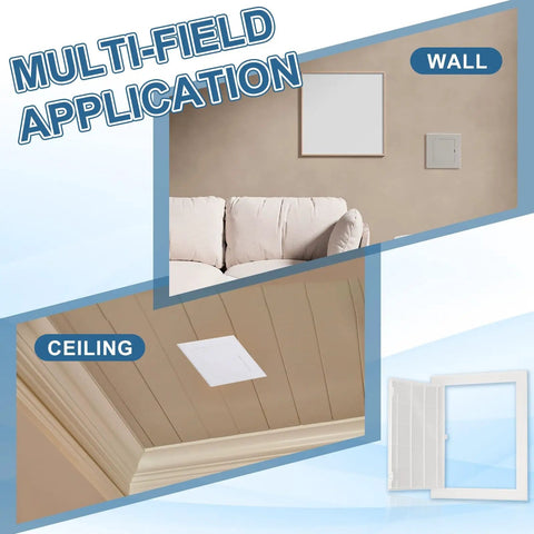 Dead Simple 12 By 10 Inch Drywall Access Panel With Rock Solid Adhesive Tape Clean White ABS Plastic Repair Hatch shown on wall and ceiling.