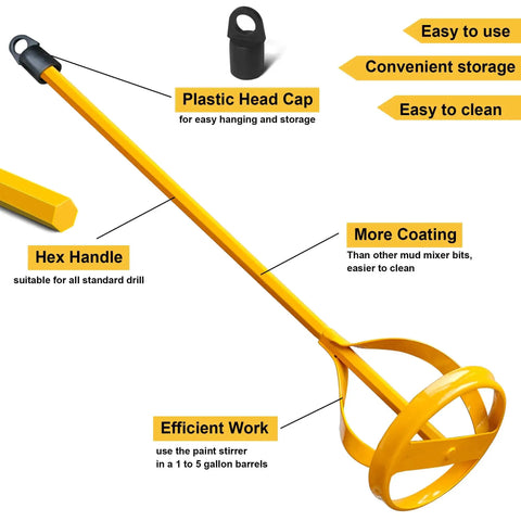 Beefy Paint And Mud Mixer Stirrer For Drill, 1 To 5 Gallon Drums, Fits All Standard Drill Bits, Hex Head Non Slip, Easy To Clean Paint And Plaster Mixing Paddle Tool Yellow, yellow steel paddle with plastic head cap