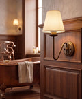 YS.ESUDSI Vintage Wall Sconces with White Handmade DIY Fabric Shade E26 on wooden wall near a copper bathtub in a bathroom.