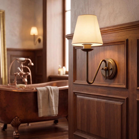 YS.ESUDSI Vintage Wall Sconces with White Handmade DIY Fabric Shade E26 on wooden wall near a copper bathtub in a bathroom.