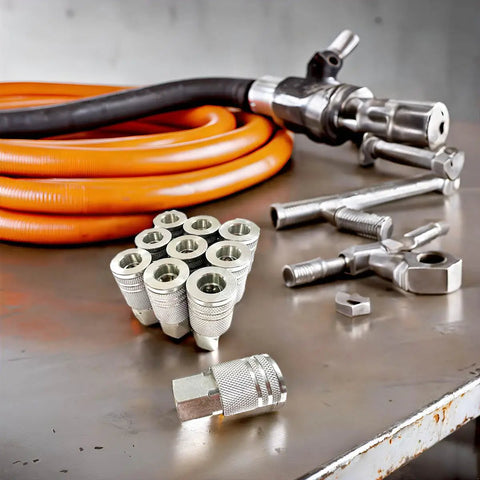 Beefy One Quarter Inch Steel Female Industrial Air Coupler Quick Connect Fittings Set With Storage Case For Air Hoses One Quarter Inch Female Threads Durable Steel Construction 10 Pack displayed on metal surface with tools and hoses