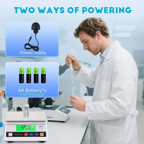 Top Notch Digital Lab Scale 10kg Capacity With 0.1g Precision in a laboratory setting, showing power cable and battery options.