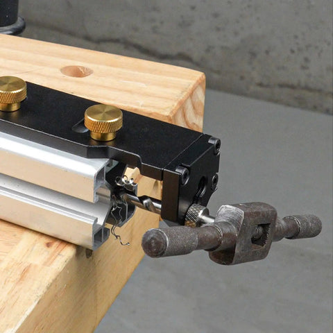 Topnotch Aluminum Extrusion Drill Jig Hassle Free Double Hole Punch Locator for T-slot frames, showcasing its drill setup.