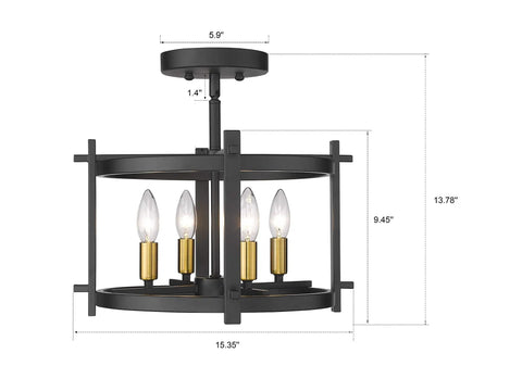 Round Semi Flush Mount Ceiling Light In Black Finish For Living Room Bedroom Kitchen And Hallway, Ultra Sleek Dope Chandelier With E12 Base, UL Listed