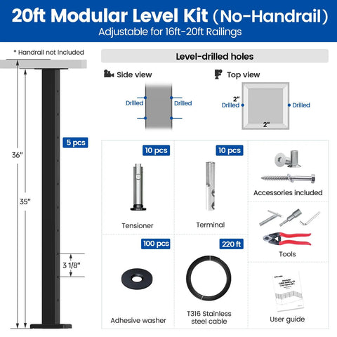 Diagram of 16 To 20 Ft Modular Black Cable Railing Kit For Decks With 36 Inch Posts And 5 Level Post Kit, Easy DIY Install