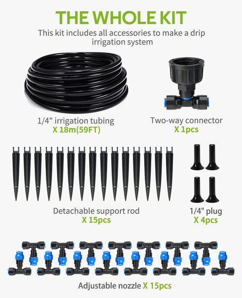 Easy To Use 59-Ft Greenhouse Misting And Drip Irrigation Kit With 1/4-Inch Tubing, Quick Connect Design, components displayed