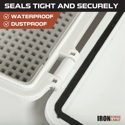 Close-up of a hinge on a Waterproof Outdoor Junction Box With Mounting Plate And Wall Brackets Tough As Nails Plastic Electrical Enclosure IP65