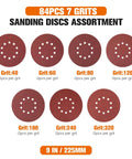 84 piece sanding discs assortment showing 9 inch aluminum oxide discs with seven grits from 40 to 320 for various projects.
