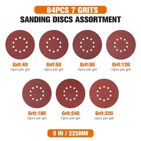 84 piece sanding discs assortment showing 9 inch aluminum oxide discs with seven grits from 40 to 320 for various projects.