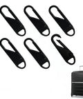 Luggage Zipper Pull Replacement Set For Travelers, Alloy Metal Tabs, 6 Pack, displayed with black suitcase for size reference.