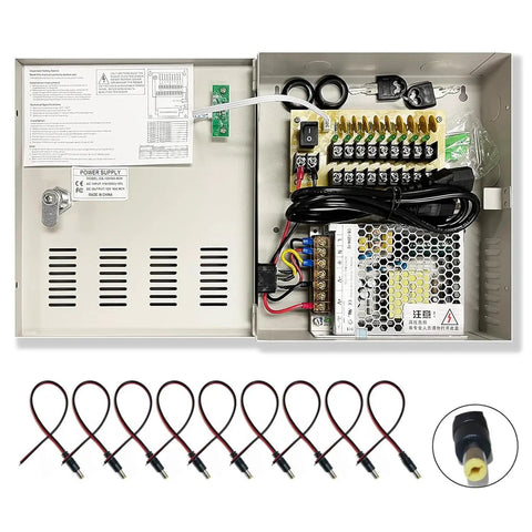 Beefed Up Nine Channel High Power CCTV Camera Power Distribution Box With 12V DC 10A Output PTC Protection Lockable Panel LED Power