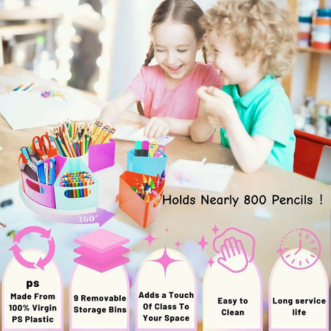 Lazy Susan Art Supply Caddy With Nine Handy Compartments Built For Student Desks And Classrooms Slick Spin Craft Markers Crayons And Pencil Holder in use with children.