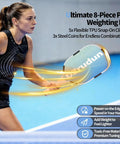 Player using customizable pickleball paddle weight set with 5x3g snap weights and end cap coins on court for power, control.
