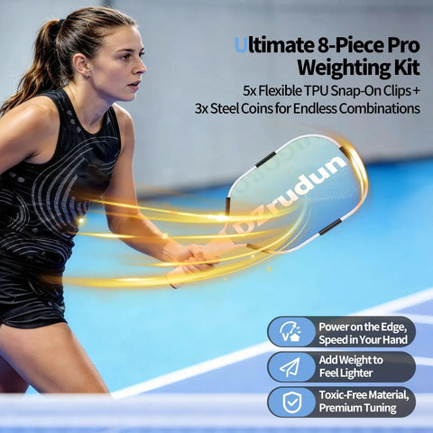 Player using customizable pickleball paddle weight set with 5x3g snap weights and end cap coins on court for power, control.