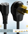 Close-up of black 10 30P to 6 20R dryer adapter, 30 Amp 125/250 Volt, heavy-duty 1 foot cord, 12 AWG with NEMA plugs