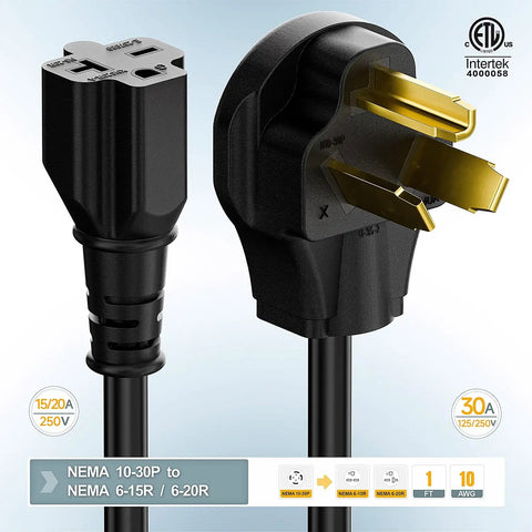Close-up of black 10 30P to 6 20R dryer adapter, 30 Amp 125/250 Volt, heavy-duty 1 foot cord, 12 AWG with NEMA plugs