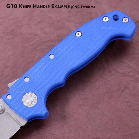 Blue G10 knife handle example with CNC texture, shown from close-up angle, highlighting materials and design features.