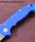 G10 Knife Handle Example showing blue handle texturized with CNC, made from durable phenolic material for knife handles.