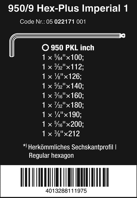 Hex Key L Set For PKL 950 Series Nine Sizes N Multi With Hex Plus shown in imperial size chart on packaging