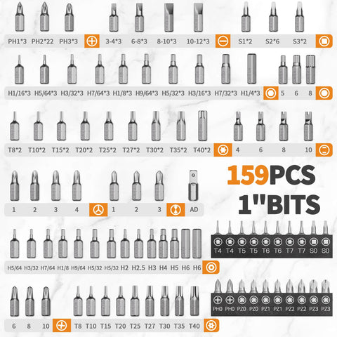 Display of 159 pieces from 228 Piece Pro Grade Screwdriver Bit Set With Magnetic Bit Holder And Quick Change Adapter.