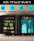 Two metal garage storage cabinets with doors, rolling tool cabinet, pegboard on doors, adjustable shelves, 73Hx32Wx16D, ideal for storage.