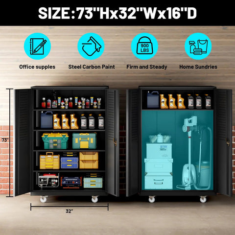 Two metal garage storage cabinets with doors, rolling tool cabinet, pegboard on doors, adjustable shelves, 73Hx32Wx16D, ideal for storage.