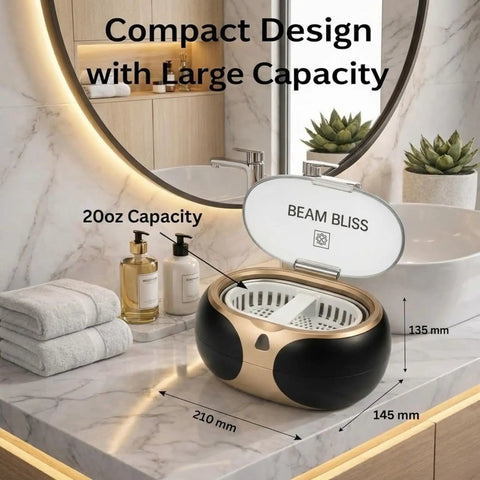 40W Ultrasonic Jewelry Cleaner With 3 Minute Auto Timer in 20Oz Stainless Steel Tank on bathroom counter