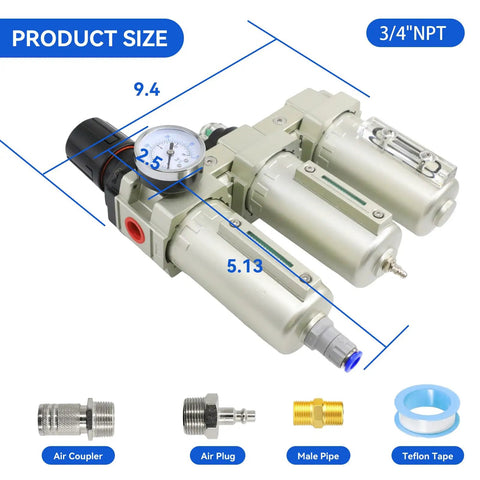 Heavy Duty Industrial Grade Three Stage Air Drying System For Air Compressors With Water Separator And Oil Water Separator Filter Dryer Auto Drain Three Quarter Inch NPT Ideal For Plasma Cutters And Paint Sprayers Handles Up To 240 PSI with product size details