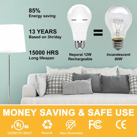 Comparison of A19 rechargeable LED light bulb with incandescent bulb, showcasing energy saving and battery backup.