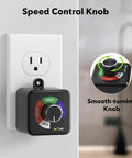 Plug In 3 Speed Fan Speed Controller With Easy Knob For Inline Duct Exhaust Fans And Ventilation Systems shown plugged in wall outlet