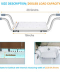 Heavy Duty Aluminum Bath Bench Seat For Tub Adjustable Width 22.8 To 34.6 Inches, size guide with dimensions and load capacity