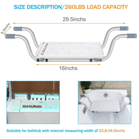 Heavy Duty Aluminum Bath Bench Seat For Tub Adjustable Width 22.8 To 34.6 Inches, size guide with dimensions and load capacity