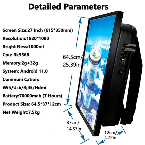 Mobile Video Advertising Backpack 27 Inch Lcd Screen 1080p Resolution showing detailed specifications on screen panel.