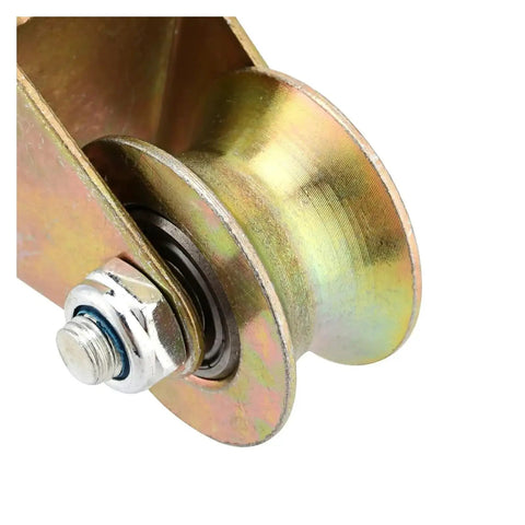 Close-up of a Steel U Groove Wheel, part of a Six Piece Two Inch Steel U Groove Wheels With Brackets For Sliding Gate Rollers.