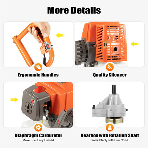 Details of Beast 63cc 2 Stroke Gas Auger Post Hole Digger components including handles, silencer, carburetor, and gearbox.